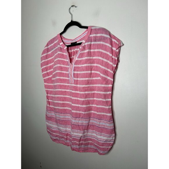 Talbots Short Sleeve Top Blouse Pink White Stripes 100% Linen Size Medium - Picture 2 of 8